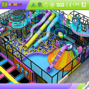 Multi-level indoor playground with slides and ball pit