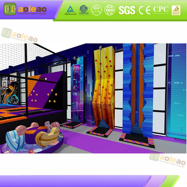 climbing wall area with trampoline activity zone