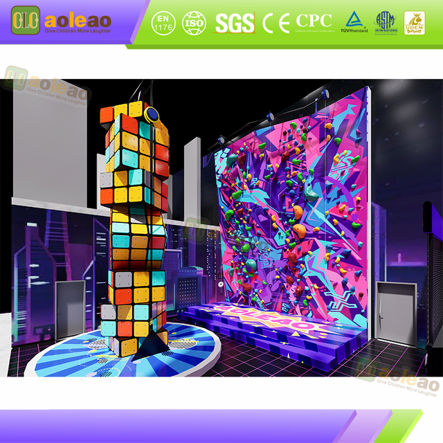 neon trampoline park equipment with climbing wall