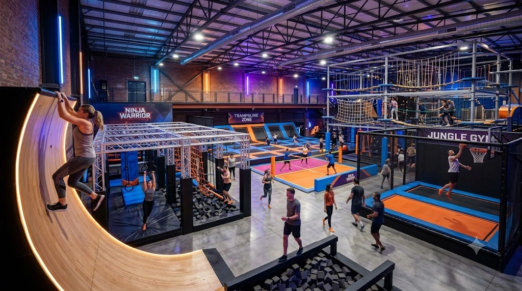 Adult indoor playground main visual with ninja course and trampoline zone