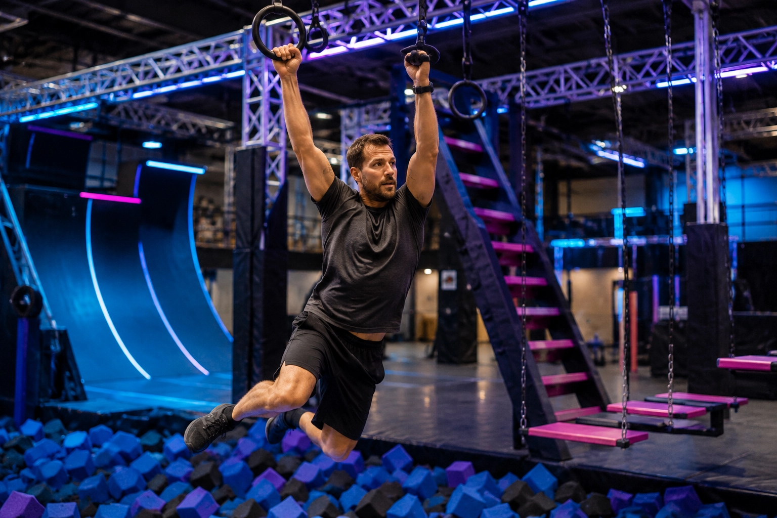 Adult ninja course equipment action shot with hanging rings
