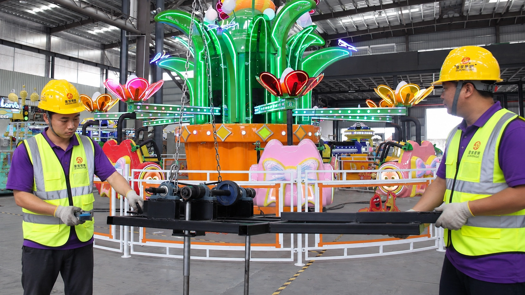 Installation support and engineering team assembling adult indoor playground