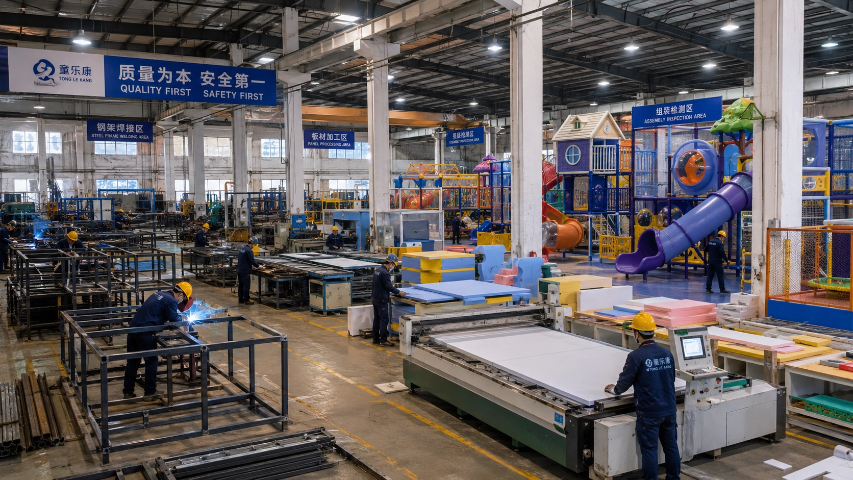 Indoor playground equipment factory production floor with quality control in China